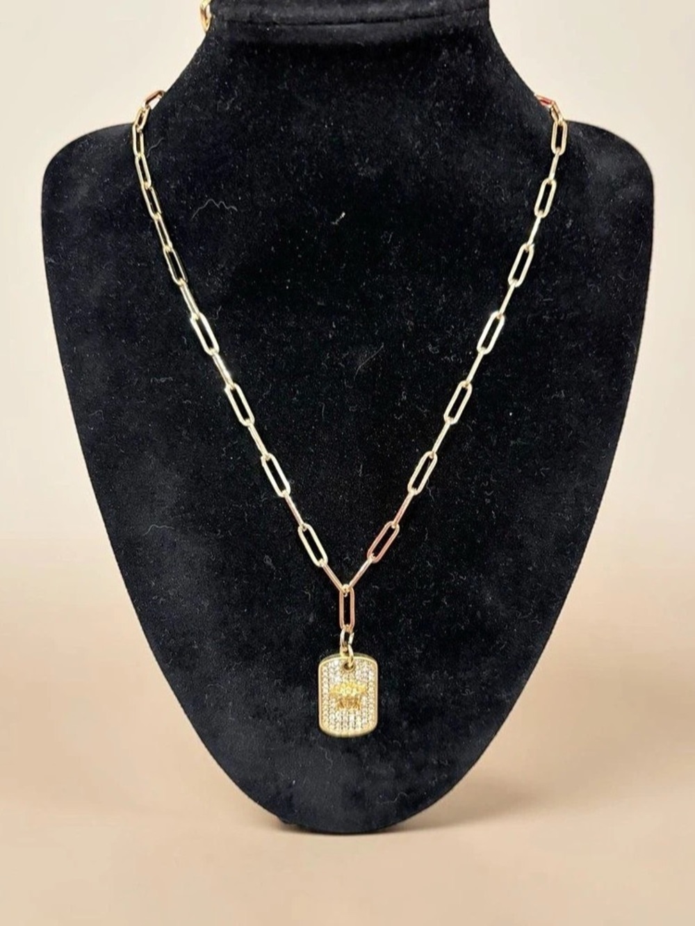 Upcycled Stamped Versace Medusa Head Strass Dog Tag Necklace Gold